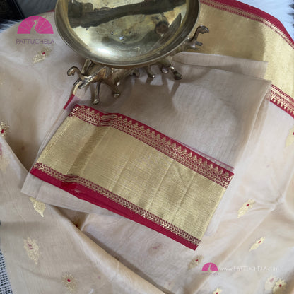 Golden Beige Pure Chanderi Katan Handloom Silk Saree with Maroon Bavanchi Border