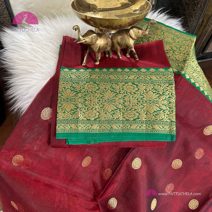 Maroon Chanderi Katan Handloom Silk Saree with contrast Green Nakshi Border & Asarfi motifs