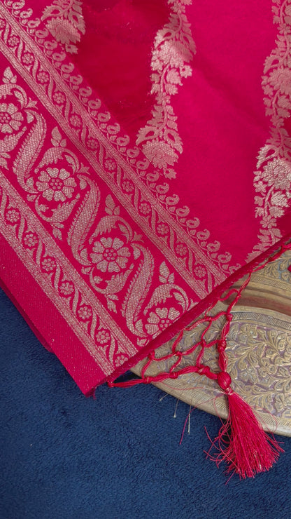 Crimson Pink Banarasi Kora Organza Leheriya Saree with STITCHED BLOUSE